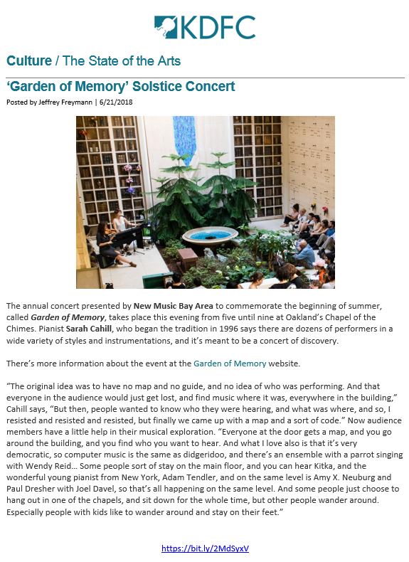 KDFC interviews Sarah Cahill, founder of Garden of Memory summer solstice concert